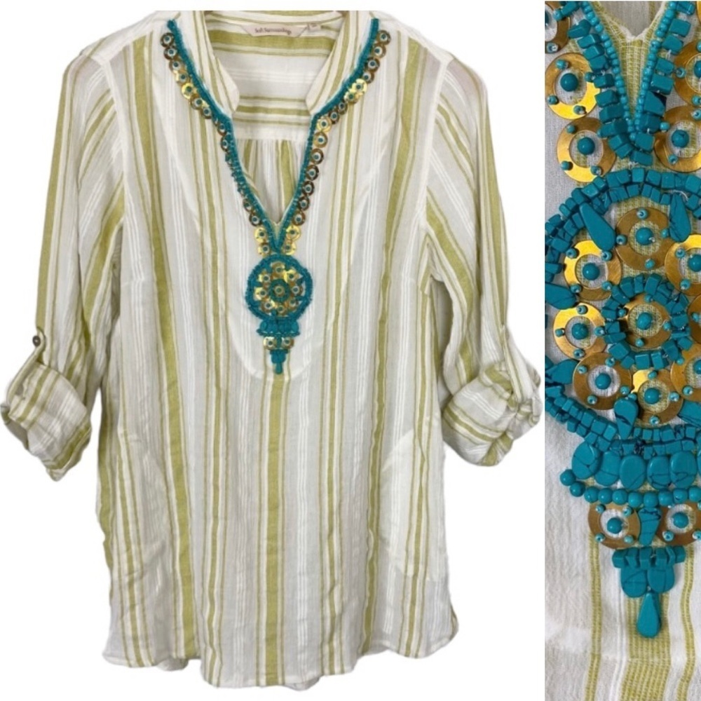 SOFT SURROUNDINGS Elisha Turquoise Beaded Cotton Stripe Tunic Top Blouse M - Picture 2 of 15